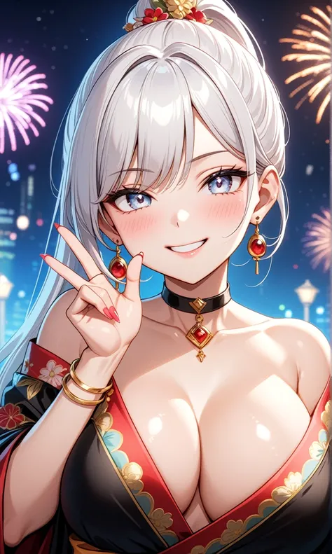 ((one personの女性)), Beautiful Face,((Wink:1.9)),((a woman making a cute hand sign. She is making a peace sign with one hand and covering one eye with it)),(Bright red cheeks:1.4),Laughing embarrassedly,Laughing with your mouth open,Glossy pink lips,Lighting...