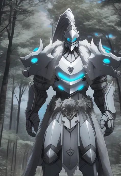 (platinum_dragon_lord_armor), forest, glowing eyes, armor, plate armor, clothed, clothing, tree, glowing, male, blue eyes, feral...