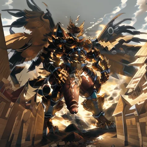 (masterpiece. official art. 8k. best quality. detailed full body. full body.)

(situation 1 : dominating GARO. GARO is over 1000 meters long. focus GIANT mechanical Muscular GARO is trampling the city. Looking down. macro. stomp. Low-angle perspective. emp...