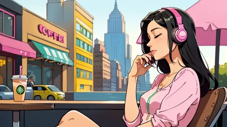 Beautiful woman in her 30s with black hair is sitting with headphones on the cafe terrace. Looking down, eyes closed, LOFI girl, alone in the room, pink blouse, relaxing mood, cozy, only five fingers, new york, Starbucks, colorful