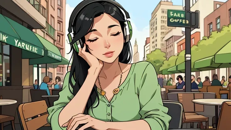 Beautiful woman in her 30s with black hair is sitting with headphones on the cafe terrace. Looking down, eyes closed, LOFI girl, alone in the room, green blouse, relaxing mood, cozy, only five fingers, new york, Starbucks, colorful, Well-proportioned face
