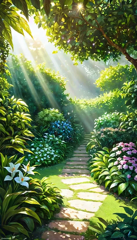 (papel de parede extremamente detalhado da unidade CG 8k, Obra de arte, melhor qualidade, ultra-detalhado), (better lighting, melhor sombra, extremamente delicado e lindo), Jardim de flores, lush vegetation, sunlight streaming through, profundidade de camp...