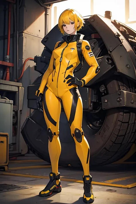 1 girl, plugsuit, mechanical arm, short yellow hair, muscular body, fullbody shot