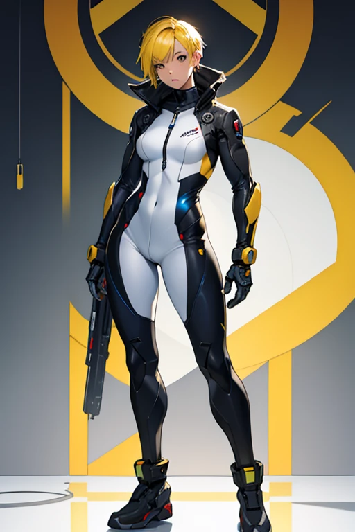 1 girl, plugsuit, mechanical arm, short yellow hair, muscular body, fullbody shot