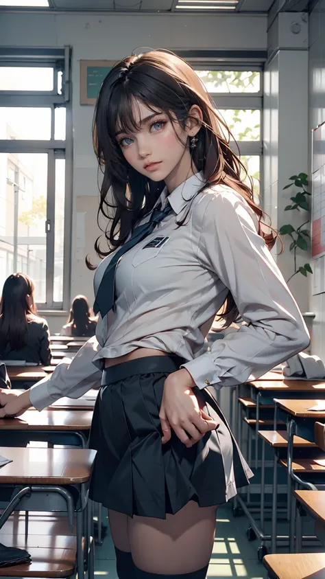 ((masterpiece)), ((highest quality)), ((High resolution)), ((Highly detailed CG Unity 8k wallpaper)), alone, tachibana kanade, Black Skirt, White socks, A small smile, classroom