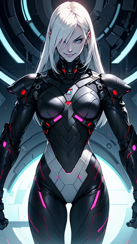 Cybernetic female alien with detailed muscles realistic masterpieces full figure pose (best quality,ultra-detailed), pale skin, small waist, large buttocks, (evil sinister smile), wearing black mobile cybernetic battle spacesuit