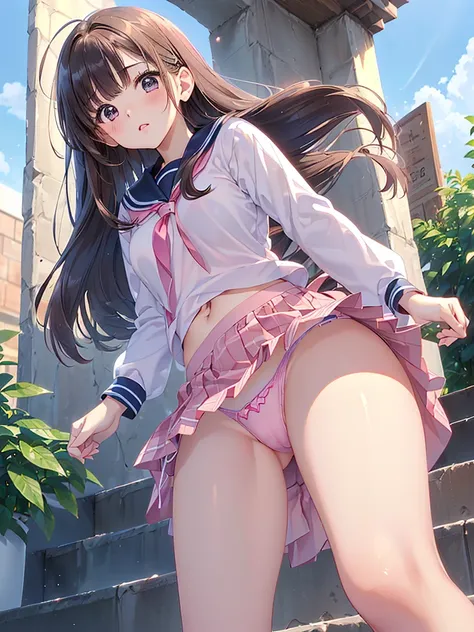 young woman、((Brown hair、Semi-long hair))、Hair fluttering in the wind、((Blushing a lot、Very surprised expression))、((Pink lip glosasterpiece、High resolution、16k、Long Sleeve 、Navy blue pleated skirt、Skirt flipped up、((Pink panties))、(Very close:1.5)、Standin...