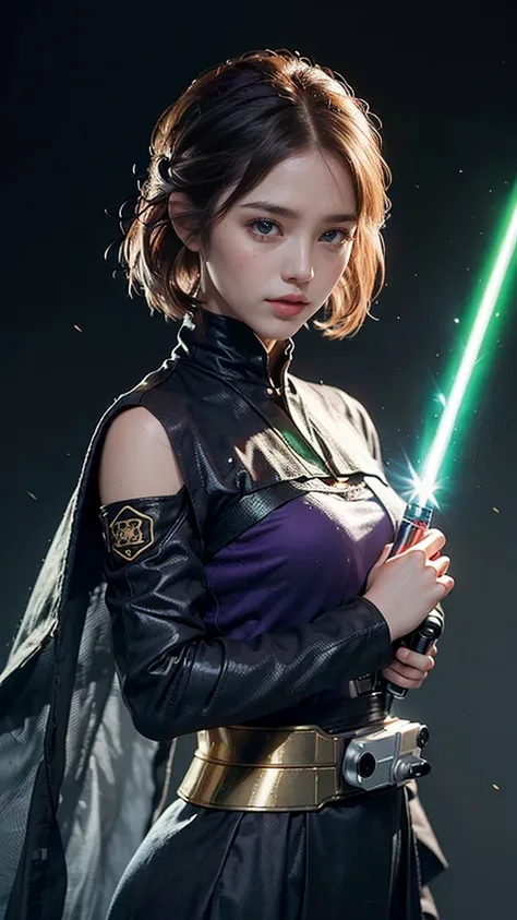 (reality: 1.4), (RAW Photos, highest quality), （Jedi Knight ）(reality的, Photorealistic photography: 1.3), highest quality, Very detailed, masterpieceハイパーディテール, figure, 1 girl, Made as a human, smile, purple Hair, purple Clothes, purple, ((White lightsaber ...