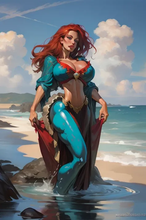 Girl with wavy red hair and rebellious, ((hair slicked back)), Caucasian woman,ice blue eyes and tanned skin, round bare breasts, clam shell nipple pasty, green mermaid tail, (gigantic breasts), galleon and ocean background with clouds, realistic style.