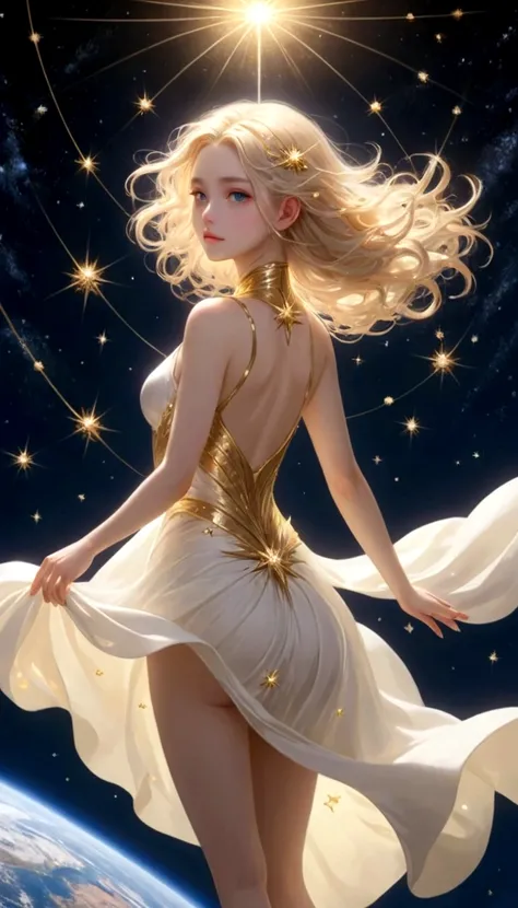 (masterpiece、highest quality、High resolution、8k)、Alone in space、goddess、Standing posture、whole body、Super beautiful、Perfect figure、White Dress、(Floating in the sky like a star、Floating、Floating)、(金色のLightがwhole bodyを包んでいる)、(whole bodyがLightの中にある)、Looking d...