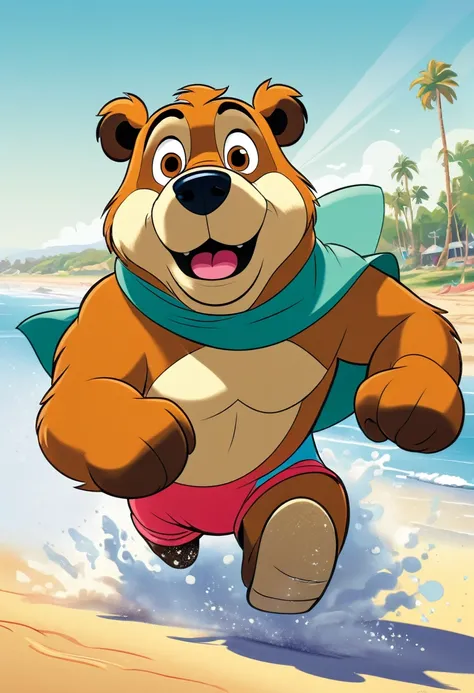 oso de dibujos animados corriendo en la playa,  oso antropomorfo, Hanna Barbera style, Hanna Barbera, inspired por Hanna-Barbera, estilizado peludo, Personaje animado, cartoon illustration, imagen de dibujos animados