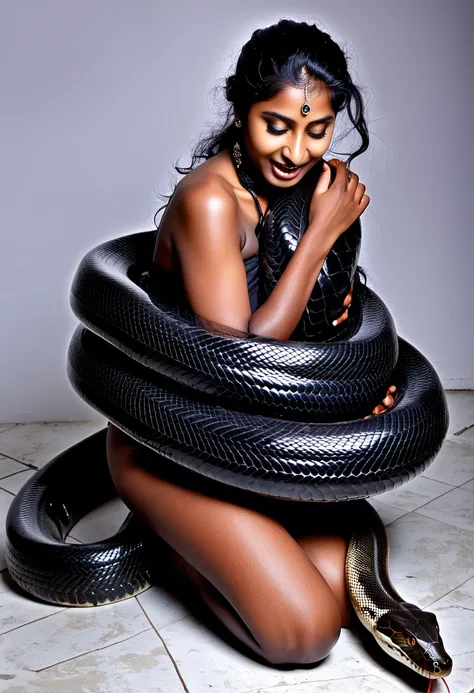 Happy Horny, aroused 1girl), beautiful kneeling Indian teen girl with black giant snake anaconda  squeezing her hard, wrapped in thick spiraling coils, constricted, struggle, gasping for air, snake attack, snake peril, moonless night, dim light