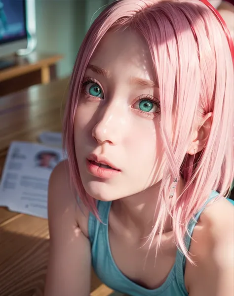 young woman, short shoulder-length pink hair, wide forehead, porcelain skin, pink eyebrows, big emerald green eyes, buttoned nose, full lips, heart-shaped face, slender body, small breasts, red tank top, Sakura Haruno , realistic, realism, details, 3d, wel...