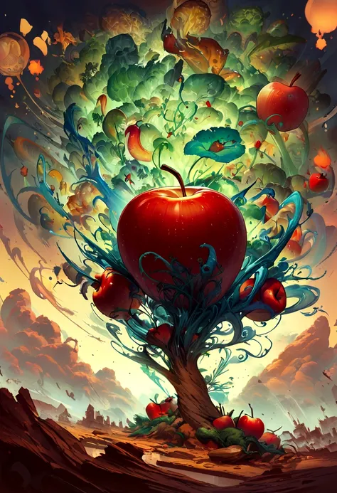 a close up of a bunch of apple with a splash of liquid, fight with apple, inspired by yanjun cheng, by yanjun cheng, author Ryan Yee, 🌺 CG Society, Amazing food illustrations, apple, Highly detailed digital painting, author：Russell Dongjun Lu, author：Adam ...