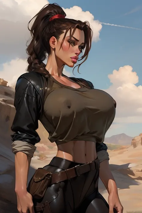 Girl with brown hair in a long braided ponytail hair and rebellious, ((hair slicked back)), Caucasian woman,brown eyes and tanned skin, round breasts, protruding erect nipples.lara croft style clothes, (gigantic breasts), background with clouds, realistic ...