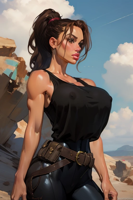 Girl with brown hair in a long braided ponytail hair and rebellious, ((hair slicked back)), Caucasian woman,brown eyes and tanned skin, round breasts, protruding erect nipples.lara croft style clothes, (gigantic breasts), background with clouds, realistic ...