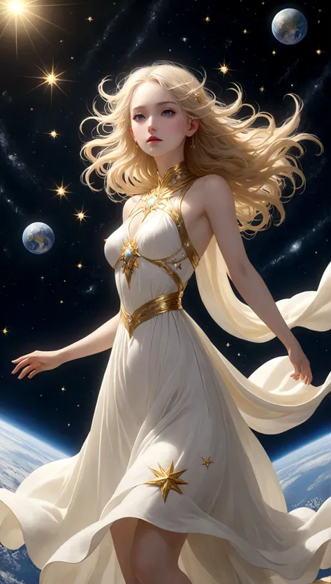 (masterpiece、highest quality、High resolution、8k)、Alone in space、goddess、Standing posture、whole body、Super beautiful、Perfect figure、White Dress、Looking at this、(Floating in the sky like a star、Floating、Floating)、(金色のLightがwhole bodyを包んでいる)、(whole bodyがLight...