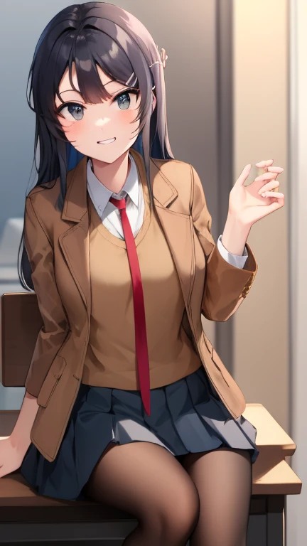 Mai Sakurajima, Sitting on a chair in the room, pale light, smug face, shirt, white shirt, short sleeves, pantyhose, pleated skirt, collared shirt, blue skirt, black pantyhose, red necktie, jacket, (brown jacket:1.5), high-level image quality、8k、​masterpie...