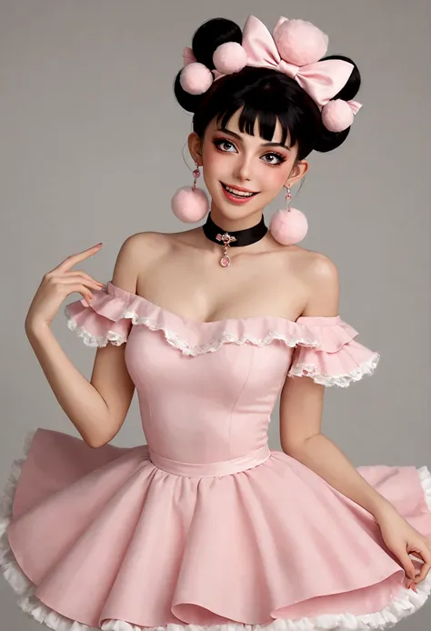 beautiful woman,detailed eyes,gorgeous makeup,pink eyeshadow,wide open smile,sharp fangs,large fluffy tail,voluminous black high bun,wispy bangs,pink fluffy pom pom earrings,high collar pink maid dress,bare shoulders,midriff exposed,multilayered lace frill...