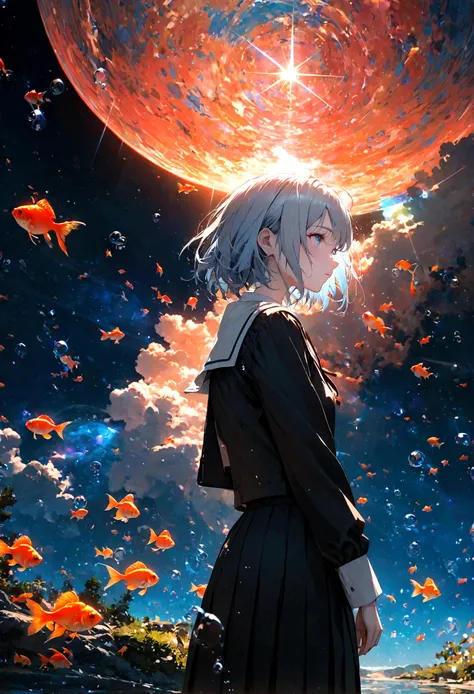 (woman(student, 15 years old, ＪＫ, Short silver hair floating, Space-colored eyes, school black uniform, Pale skin, Tired face、lack of shine in the eyes) Looking up at the sky), (Many goldfish are swimming in the air), Beautiful sky, Beautiful Clouds, Color...