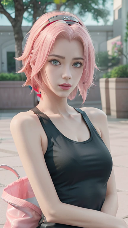 young woman, short shoulder-length pink hair, wide forehead, porcelain skin, pink eyebrows, big emerald green eyes, buttoned nose, full lips, heart-shaped face, slender body, small breasts, red tank top, Sakura Haruno , realistic, realism, details, 3d, wel...