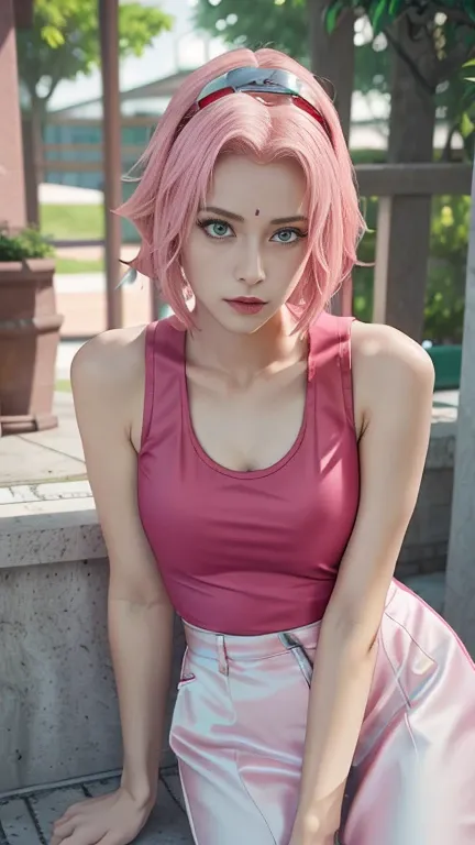 young woman, short shoulder-length pink hair, wide forehead, porcelain skin, pink eyebrows, big emerald green eyes, buttoned nose, full lips, heart-shaped face, slender body, small breasts, red tank top, Sakura Haruno , realistic, realism, details, 3d, wel...