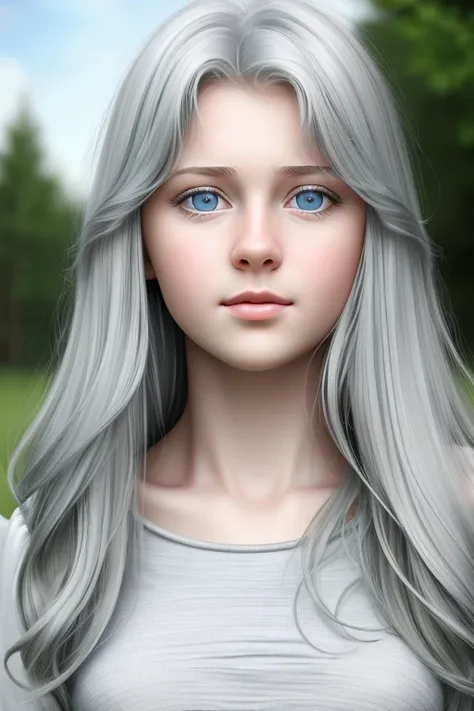 masterpiece, realistic, 8K, (1 young girl:1.5), 14 years, Russian, Blue eyes, flat chest with beautiful erect nipples, plain gray-green T-shirt, (ruffled silver (gray-haired) hair:1.1), (полудлинные hair:1.1), Looking into the distance, sad、Turning