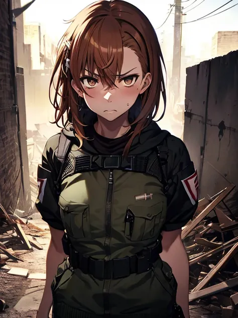 Disgusted Look, A look of disgust、Misaka Mikoto、hostage、ruins、UHD, retina, masterpiece, ccurate, anatomically correct, textured skin, super detail, high details, high quality, best quality, highres, 4K