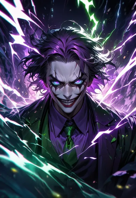 Symetrical,absurdres, highres, ultra detailed, HDR, masterpiece, extremely detailed face and eyes,Heath ledger Joker,,,  , solo, man, handsome, ,, , Epic fight scene, purple green water effect, purple and green lightning effect,glowing glitters