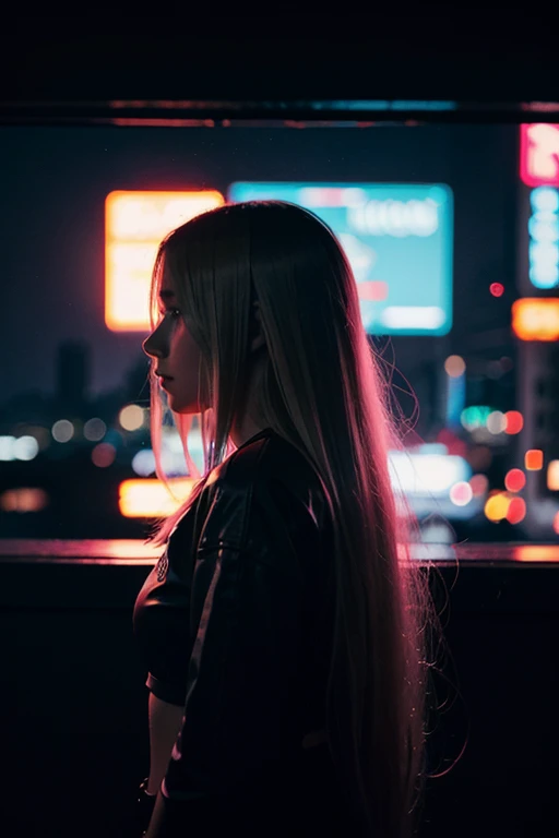 Silhouette of a cute girl looking out at the big scifi city,Backlit,blonde long hair,cyberpunk,neon,night