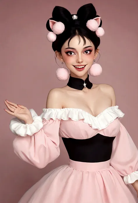 beautiful woman,detailed eyes,gorgeous makeup,pink eyeshadow,wide open smile,sharp fangs,large fluffy tail,voluminous black high bun,wispy bangs,pink fluffy pom pom earrings,high collar pink maid dress,bare shoulders,midriff exposed,multilayered lace frill...