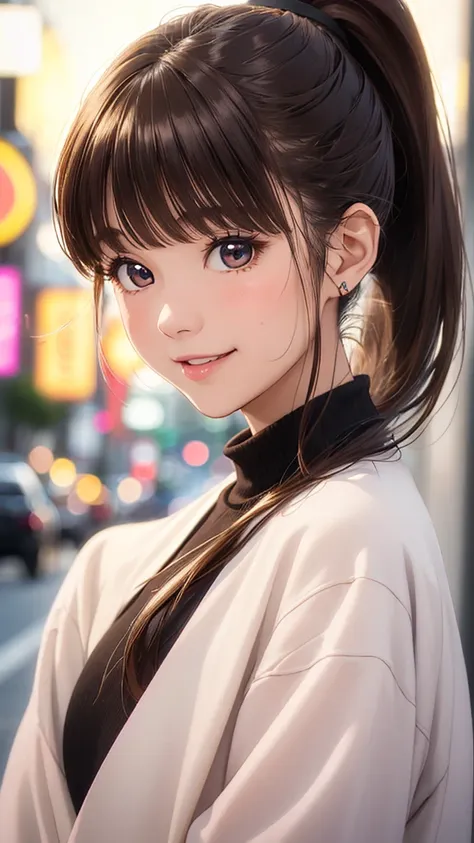 (woman close up)、depiction of the upper body、30-year-old woman、smile、((ponytail、brown hair))、blushing、(open your mouth a little、...