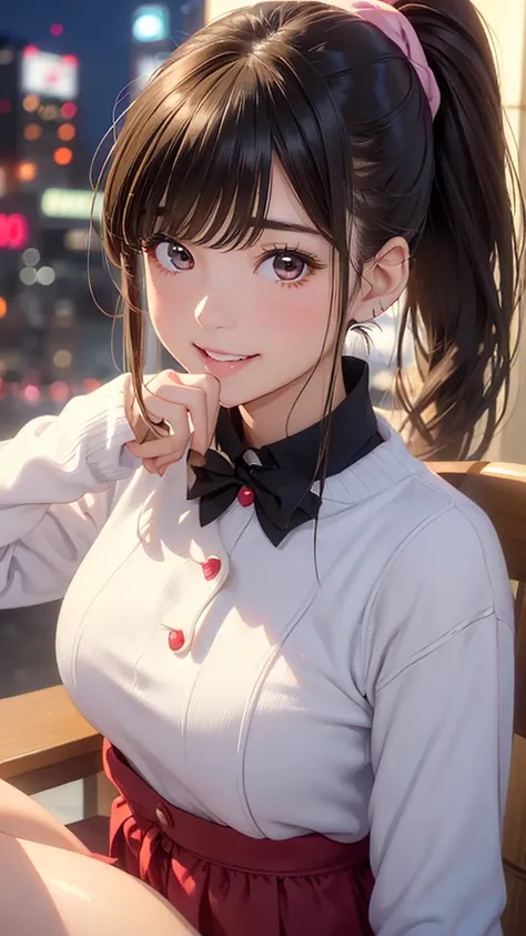 (Woman close up)、Depiction of the upper body、((20-year-old female)),smile、((ponytail、Brown Hair))、Blushing、(Open your mouth a little、High resolution、32K))、Cute Winter Clothes、((Late night love hotel district、neon))