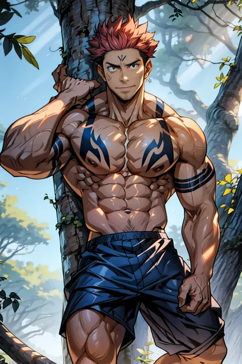 (canto da foto de baixo para cima) (imagem da mais alta qualidade) Lion man ,real, jovem, , vestindo shorts, virilha saliente, imagem de anime, Leaning against a tree, pernas bem abertas, male face, bonito rosto jovem, cabelo subcortado, huge muscle muscle...