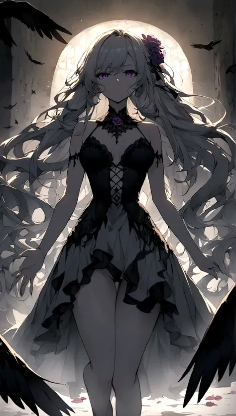 A beautiful anime-style girl with long hair and a purple flower、A beautiful girl with a glamorous body who lives in the dark graveyard、A beautiful immoral girl in a provocative black and grey dress、Crow、ghost、Undead。