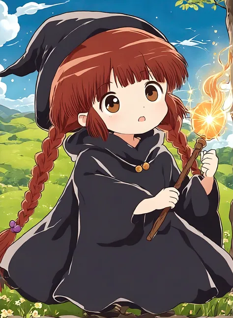 brown double braids、, cute anime style hagrid, a young witch, anime cute art style, marisa kirisame, witch girl, anime character...