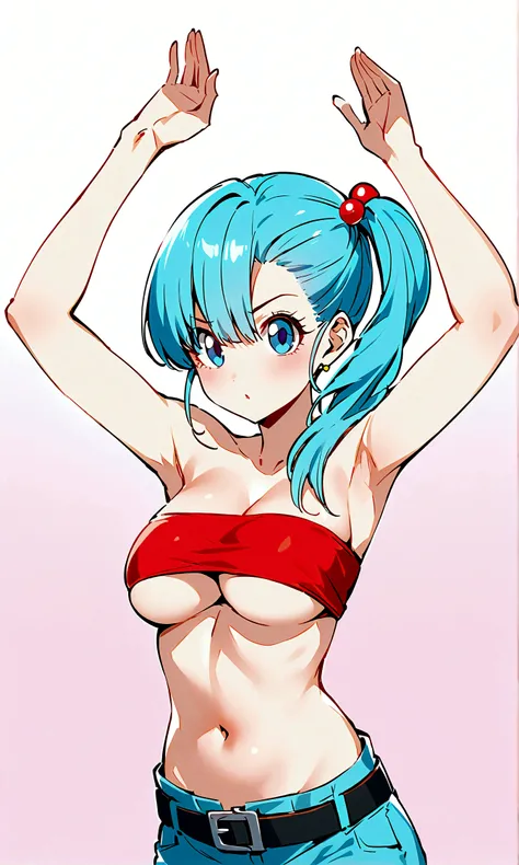  score_9, score_8_up, score_7_up, BREAK from front, ,macro shot,1girl,bulma, blue eyes, blue hair,bare shoulders, belt, cleavage, hair bobbles, hair ornament, hair over shoulder, ,large breasts,midriff, navel, one side up, red tube top, shorts, side ponyta...