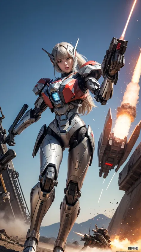  Super detailed, advanced details, high quality,  High resolution, 1080p, hard disk, beautiful,(Humanoid Weapons),Armor War,(Rocket Missile)Capture the big picture,beautiful,Mecha cyborg girl,battle mode,Mecha body girl,She is wearing a futuristic war mach...