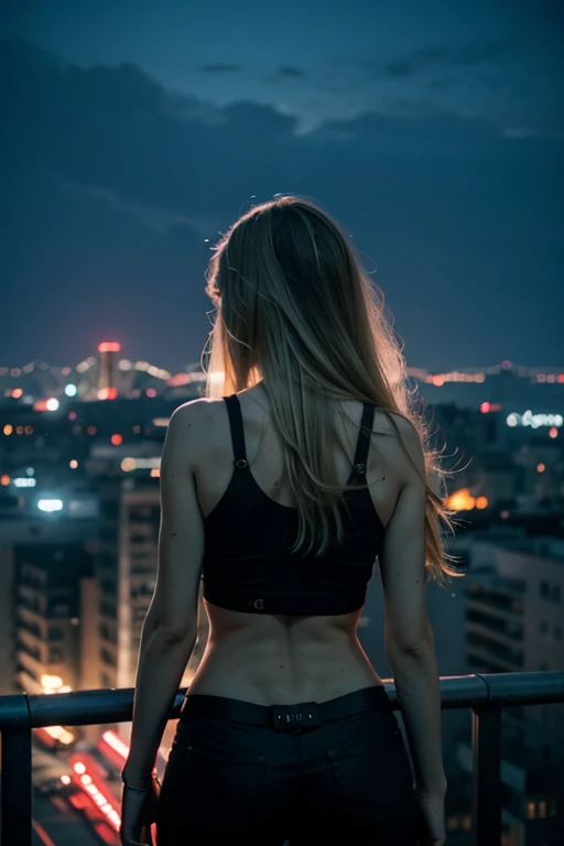 Silhouette of a cute skinny girl looking out at the big scifi neon city,Backlit,blonde long hair,cyberpunk,night,tank top,windy,bird’s eye view,wide angle,long shot,parfect body