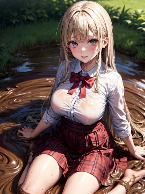 (masterpiece, best quality:1.2),  , looking at viewer , school girl wet white clothes, soaked, dripping wet, wet hair, wet skin, translucent, glistening with oil, fully clothed, wet muddy field, dripping with mud, muddy arms, muddy hair, lying in mud, subm...