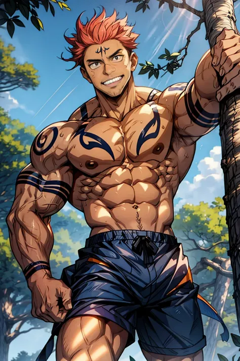 (canto da foto de baixo para cima) (imagem da mais alta qualidade) Lion man ,real, jovem, , vestindo shorts, virilha saliente, imagem de anime, Leaning against a tree, pernas bem abertas, male face, bonito rosto jovem, cabelo subcortado, huge muscle muscle...