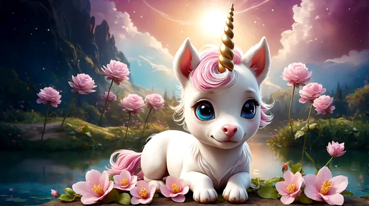 cute unicorn puppy, with a magical lake in front