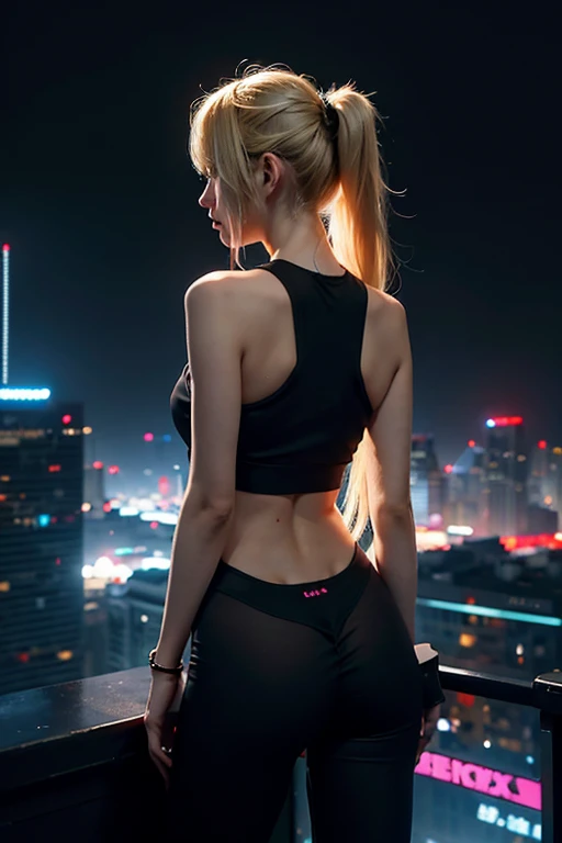 Silhouette of a cute skinny girl looking out at the big scifi neon city,Backlit,blonde long hair,cyberpunk,night,tank top,windy,bird’s eye view,wide angle,long shot,parfect body,from behind