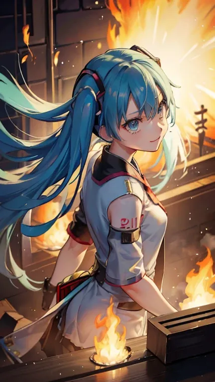 general hatsune miku watches the burning city with a look of satisfaction as he burns down honnoji temple