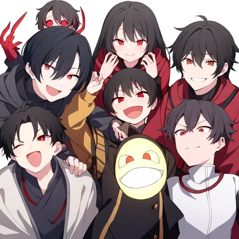 whole body　Laughing anime boy with red eyes and black hair, His eyes are glowing red, [[[[smile wickedly]]]], His eyes were glowing red, gapmoe yandere, Eyes completely red、lack of pupils, Okikata Kazuto, Male Anime Characters, Red eyes glow, Laughing lasc...