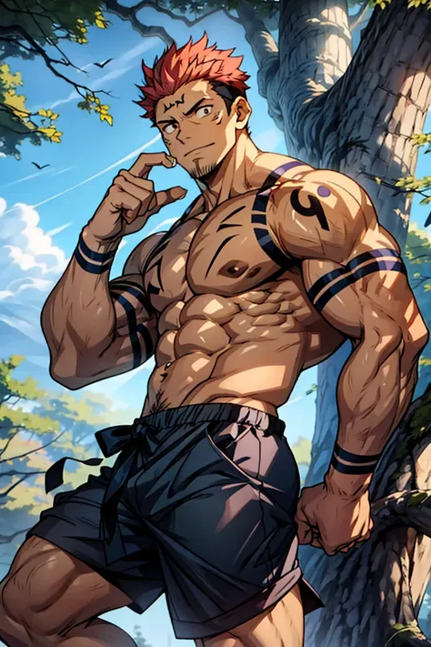 (canto da foto de baixo para cima) (imagem da mais alta qualidade) Lion man ,real, jovem, , vestindo shorts, virilha saliente, imagem de anime, Leaning against a tree, pernas bem abertas, male face, bonito rosto jovem, cabelo subcortado, huge muscle muscle...