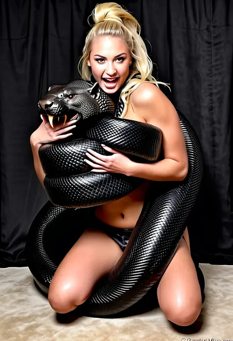  Happy Horny, aroused 1girl), beautiful kneeling blonde thick young teen girl  with  giant colossal black titanboa squeezing her hard, wrapped in thick spiraling coils, constricted, struggle, gasping for air, snake attack, snake peril, moonless night, dim ...