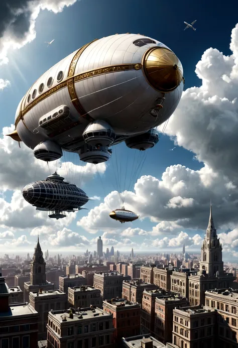 Photorealistic
Panoramic view of the city in the sky: "A giant city in the sky.
A huge city floating in the sky. A spectacular scene of beautiful buildings surrounded by white clouds and airships flying around it.
