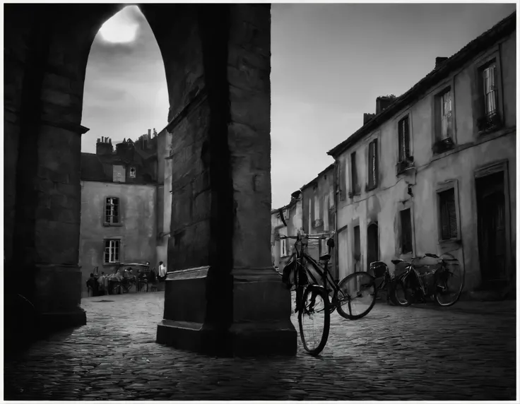 Black and White photography, In a moonlit French village, ancient stone buildings cast haunting silhouettes under a star-filled sky. A vintage bicycle rests on the corner of the cobblestone streets, bathed in the eerie glow of gas lamps. The nostalgic scen...