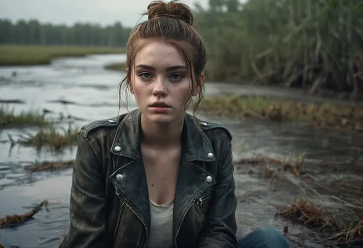 a teenage girl, drowning in swamp:1.3, long messy loose bun, freckles, jeans, faded leather biker jacket, pale skin, lifeless expression, eerie atmosphere, moody light, muted colors, photorealistic, hyper-detailed, cinematic composition, dark fantasy, dram...